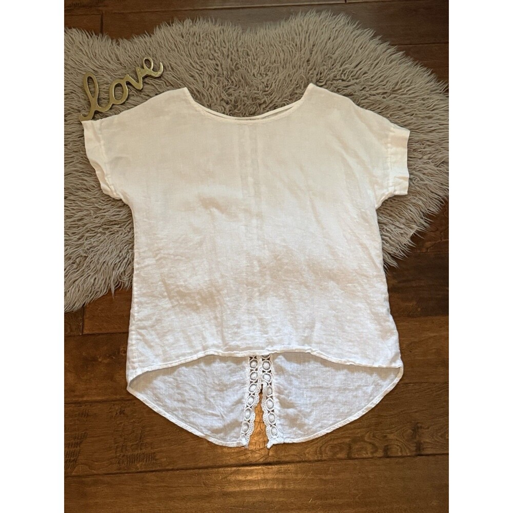 Terzo Millennio Linen Floral Embroidered Top White Womens Size Small Coastal